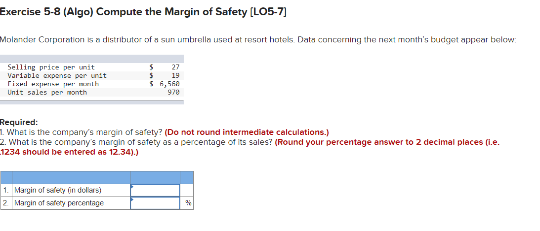 Solved Exercise 5-8 (Algo) Compute the Margin of Safety | Chegg.com