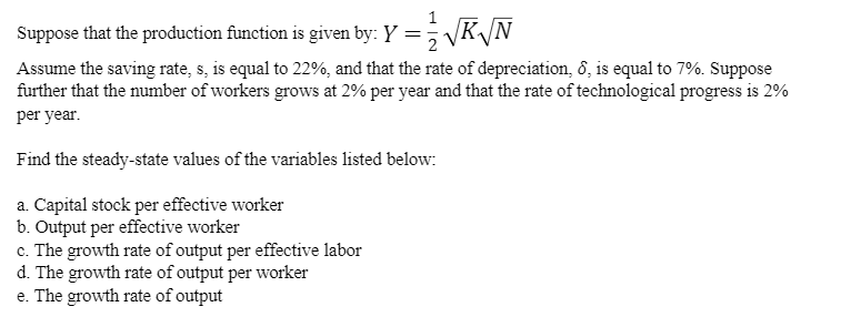 Solved Suppose that the production function is given by: Y = | Chegg.com