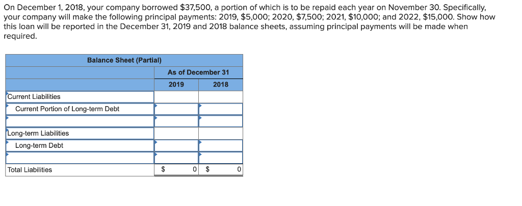 Solved On December 1, 2018, your company borrowed $37,500, a | Chegg.com