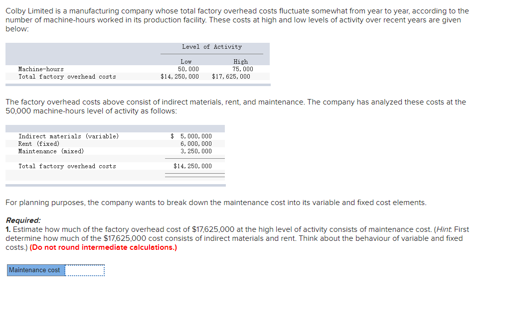 Solved Colby Limited Is A Manufacturing Company Whose Total | Chegg.com