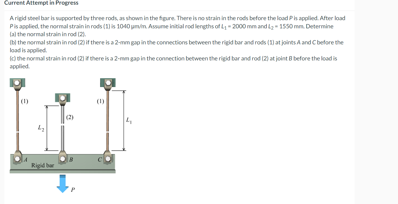 Solved A rigid steel bar is supported by three rods, as | Chegg.com