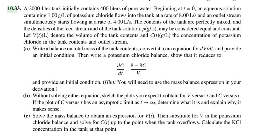 Solved 33. A 2000-liter tank initially contains 400 liters | Chegg.com