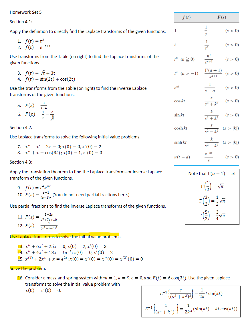 Homework Set 5 f(t) F(S) Section 4.1: 1 Apply the | Chegg.com