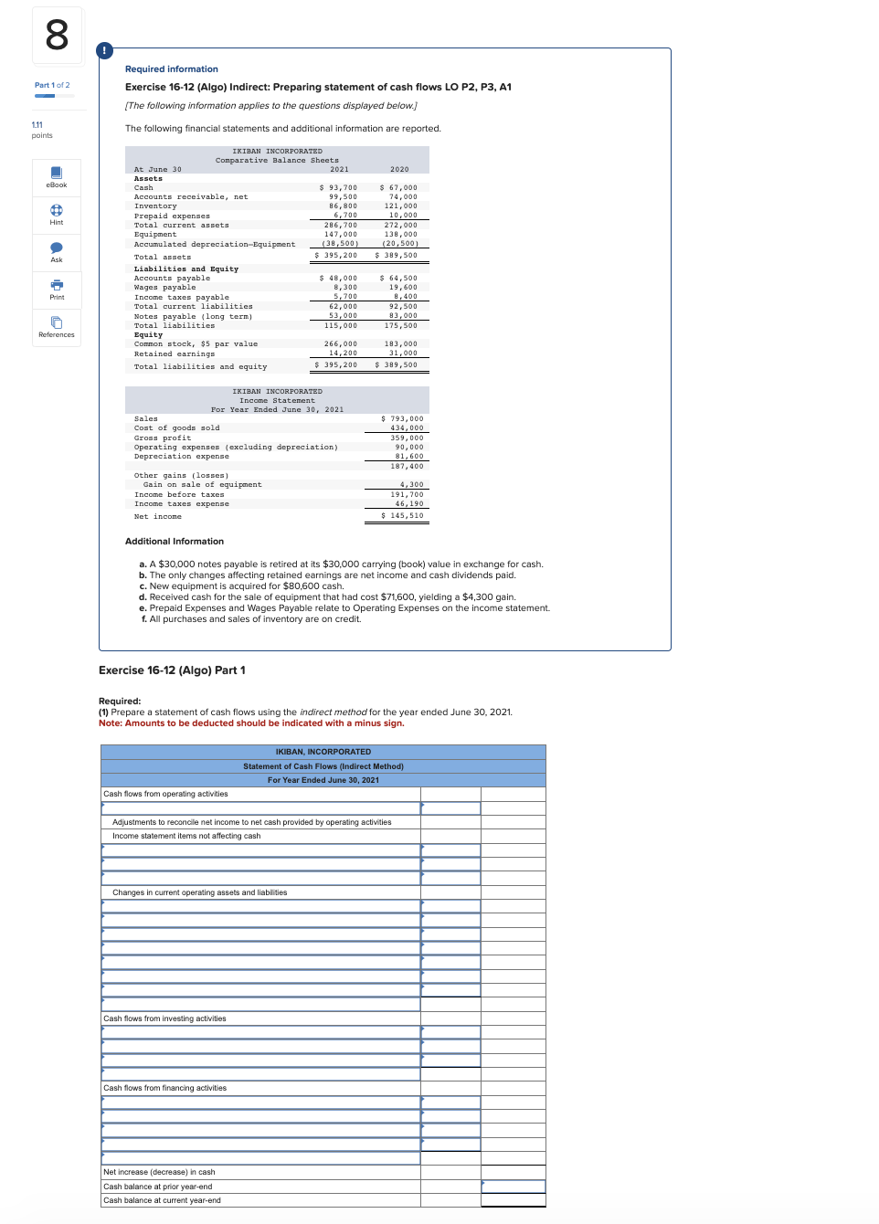 Required information Exercise 16-12 (Algo) Indirect: | Chegg.com