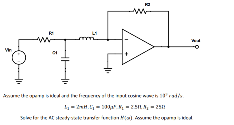 Solved R2 w R1 L1 mm Vout Vin C1 + Assume the opamp is ideal | Chegg.com