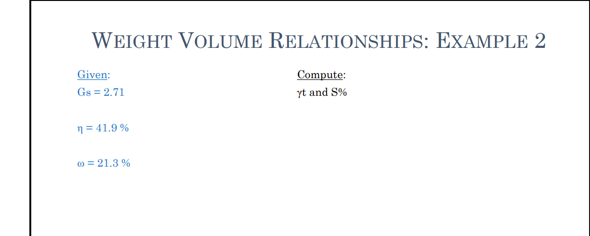 Solved WEIGHT VOLUME RELATIONSHIPS: EXAMPLE 2 Given: Gs=2.71 | Chegg.com