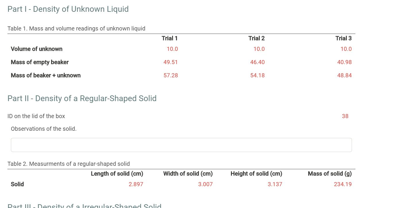 Solved Part 1 Density of Unknown Liquid Table 1. Mass and