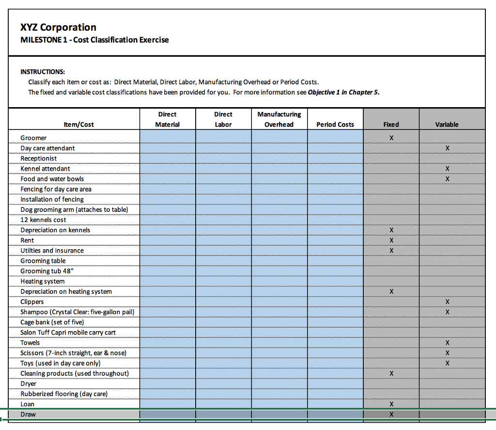 Solved XYZ Corporation MILESTONE 1- Cost Classification | Chegg.com