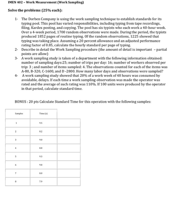 IMEN 402- Work Measurement (Work Sampling) Solve the | Chegg.com