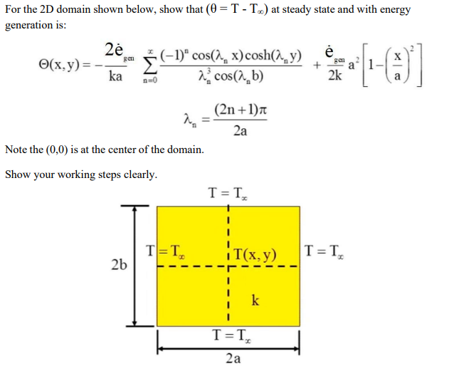 Solved For the 2D domain shown below, show that (θ=T−T∞) at | Chegg.com