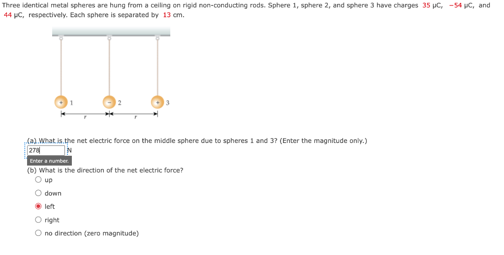 Solved Three Identical Metal Spheres Are Hung From A Ceiling | Chegg.com