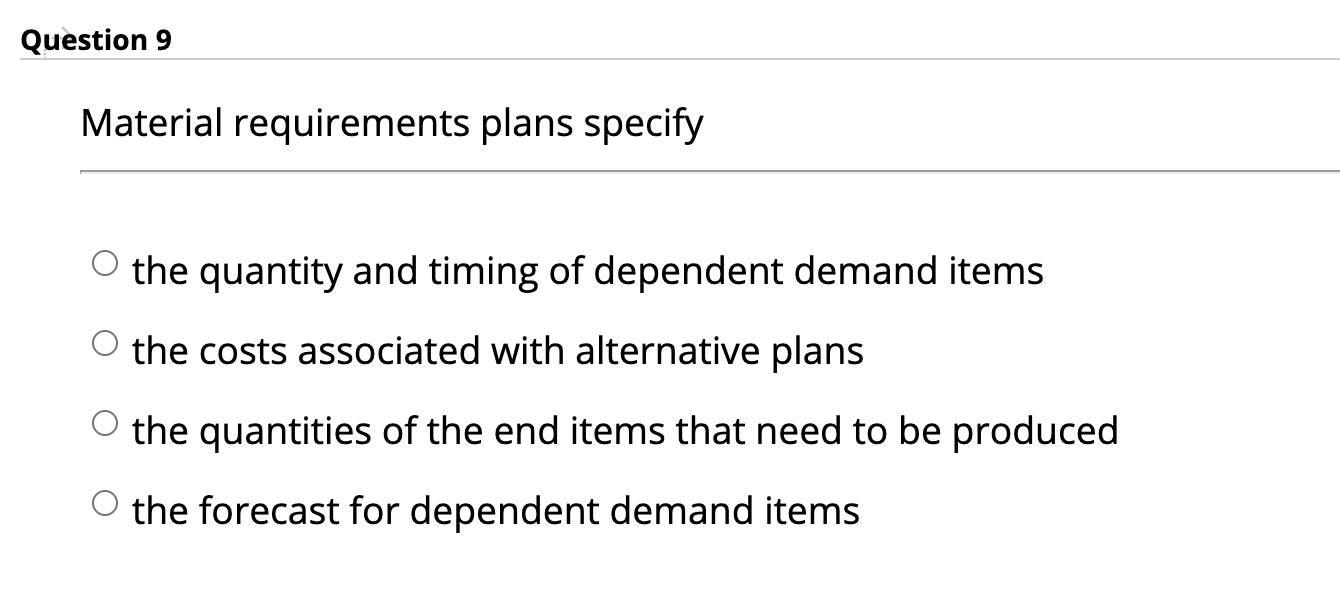 Solved Question 9 Material requirements plans specify the