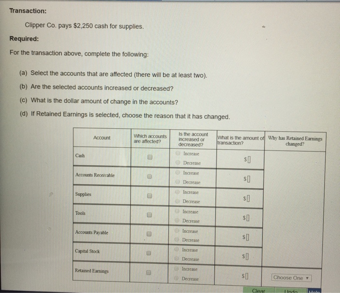 Solved Clipper Co. pays 2, 250 cash for supplies. For the