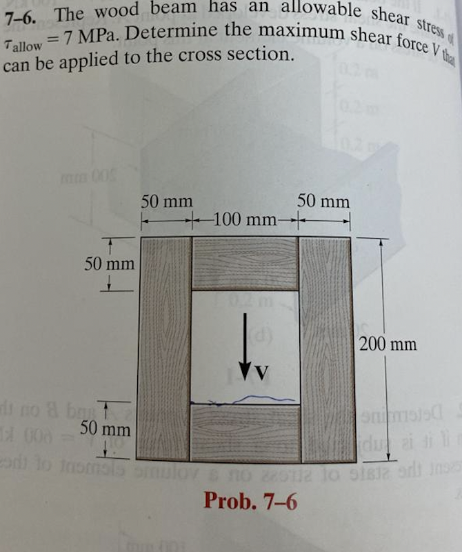 7-6. The wood beam has an allowable shear stress
Tallow = 7 MPa. Determine the maximum shear force V
can be applied to the cr