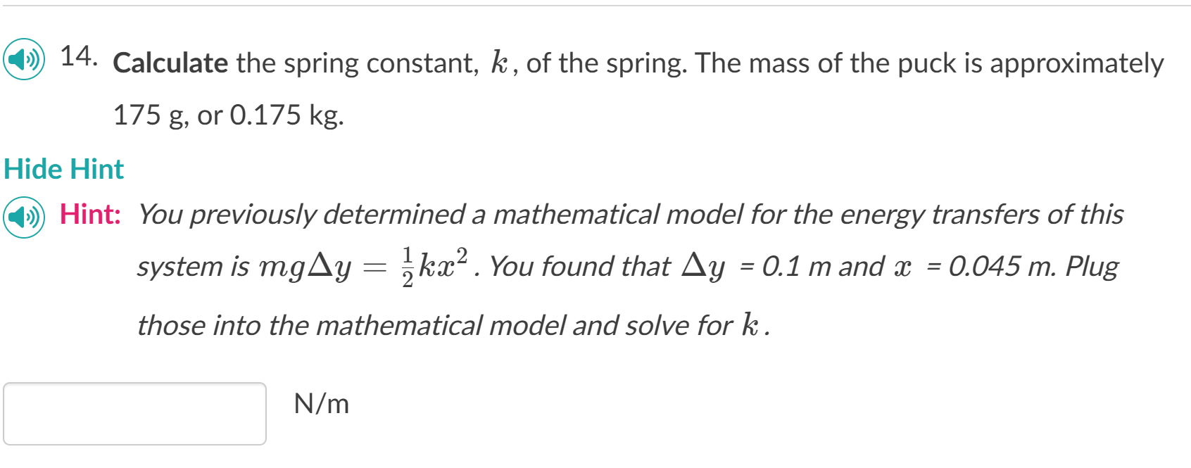 Solved (1)) 14. Calculate the spring constant, k, of the | Chegg.com