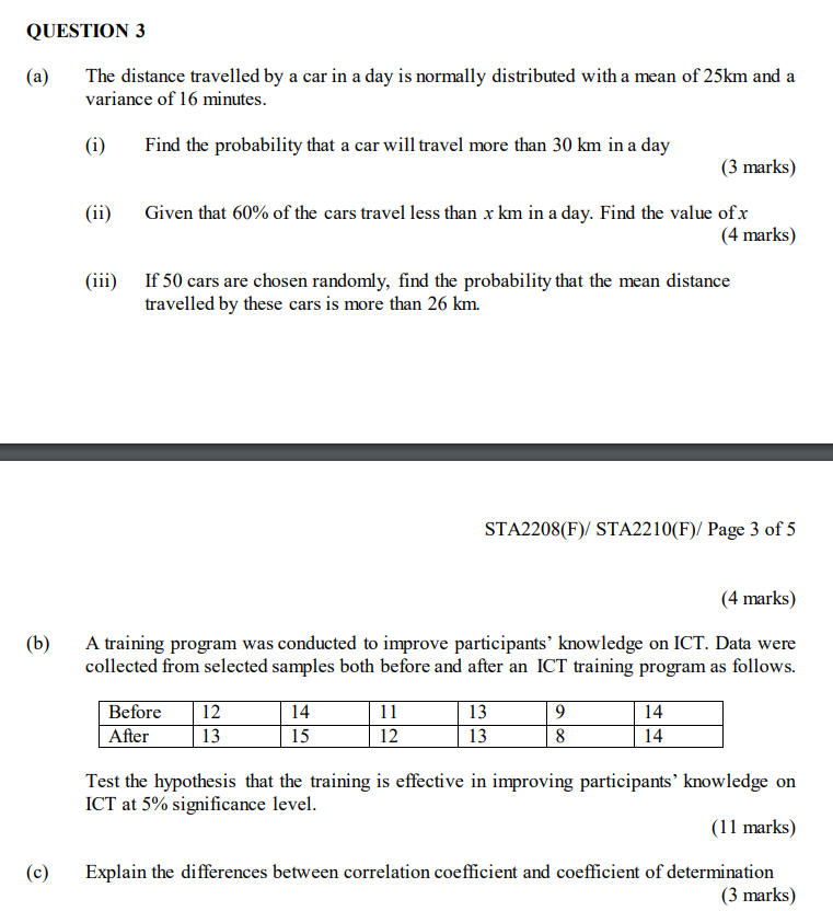 Solved QUESTION 3 (a) The Distance Travelled By A Car In A | Chegg.com