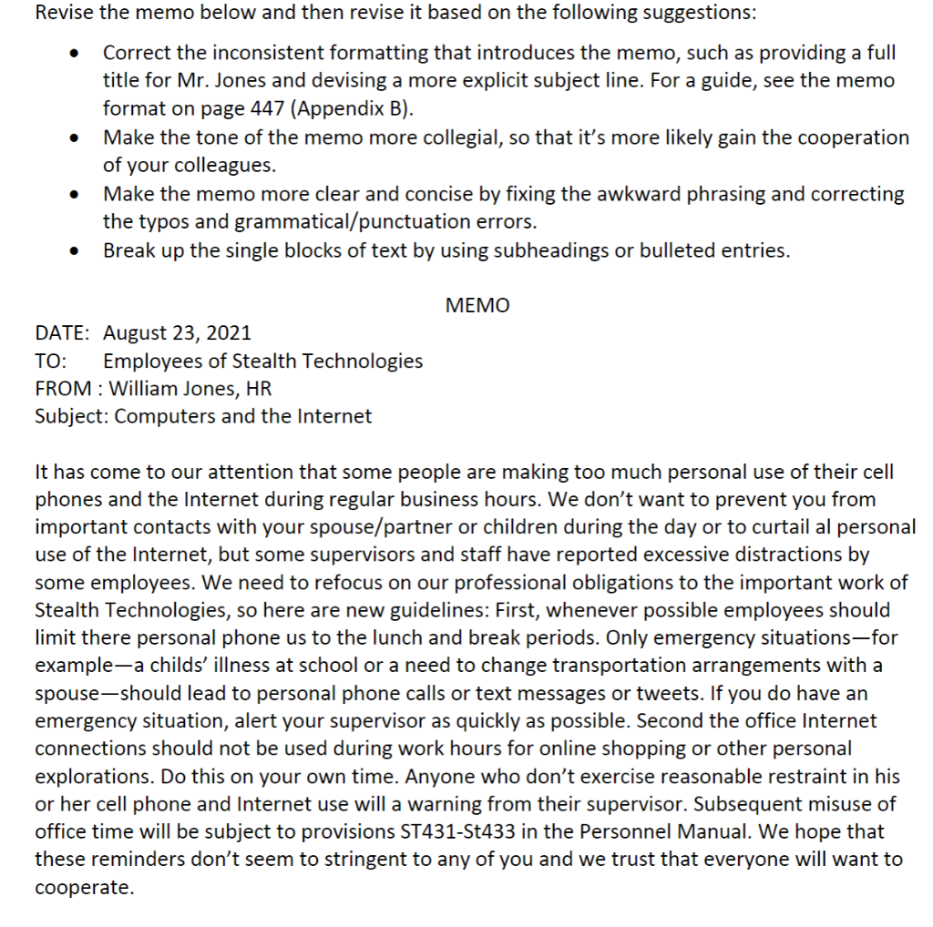 Solved . Revise the memo below and then revise it based on