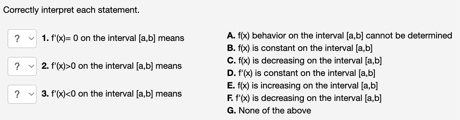 Solved Correctly interpret each statement. 1. f′(x)=0 on the | Chegg.com