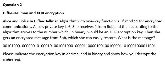 Question 2 Diffie-Hellman And XOR Encryption Alice | Chegg.com