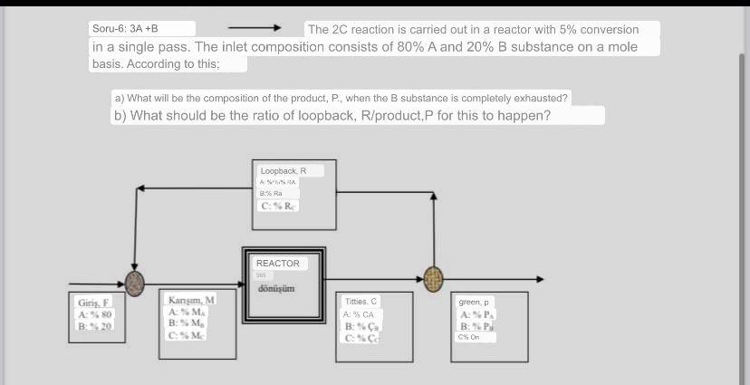 Soru-6: \( 3 A+B \longrightarrow \) The \( 2 C \) reaction is carried out in a reactor with \( 5 \% \) conversion in a single