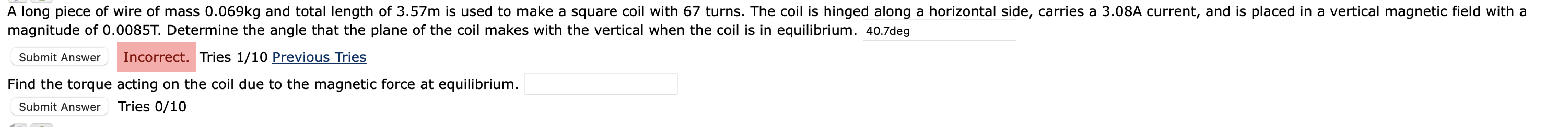 nagnitude of \( 0.0085 \mathrm{~T} \). Determine the angle that the plane of the coil makes with the vertical when the coil i