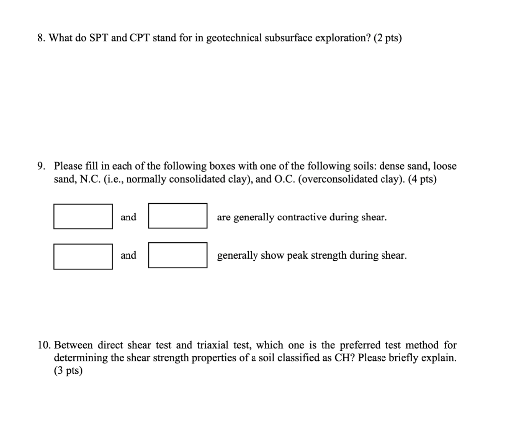 Solved 8 what do spt and cpt stand for in geotechnical chegg