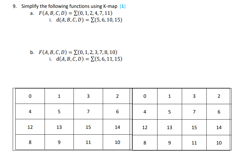 Solved F(A,B,C,D)=∑(0,1,2,4,7,11) i. | Chegg.com