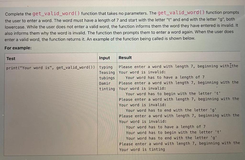 Solved Complete the get_valid_word() function that takes no | Chegg.com