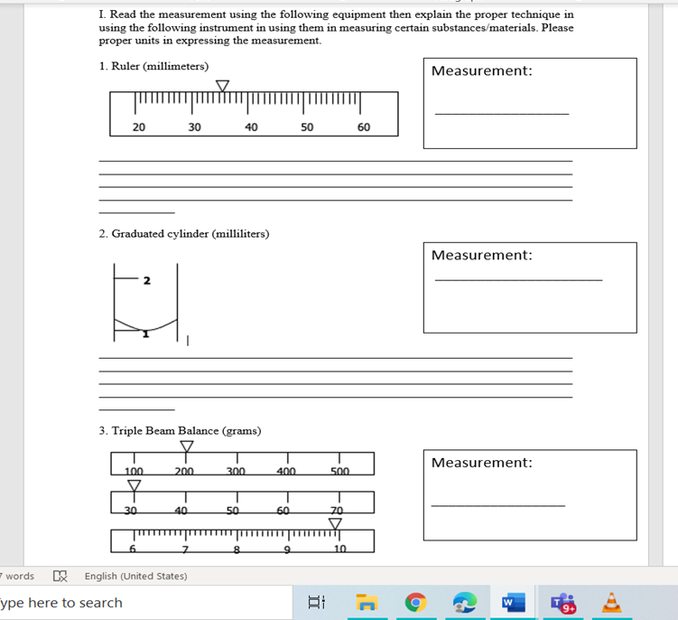 Solved I. Read the measurement using the following equipment | Chegg.com