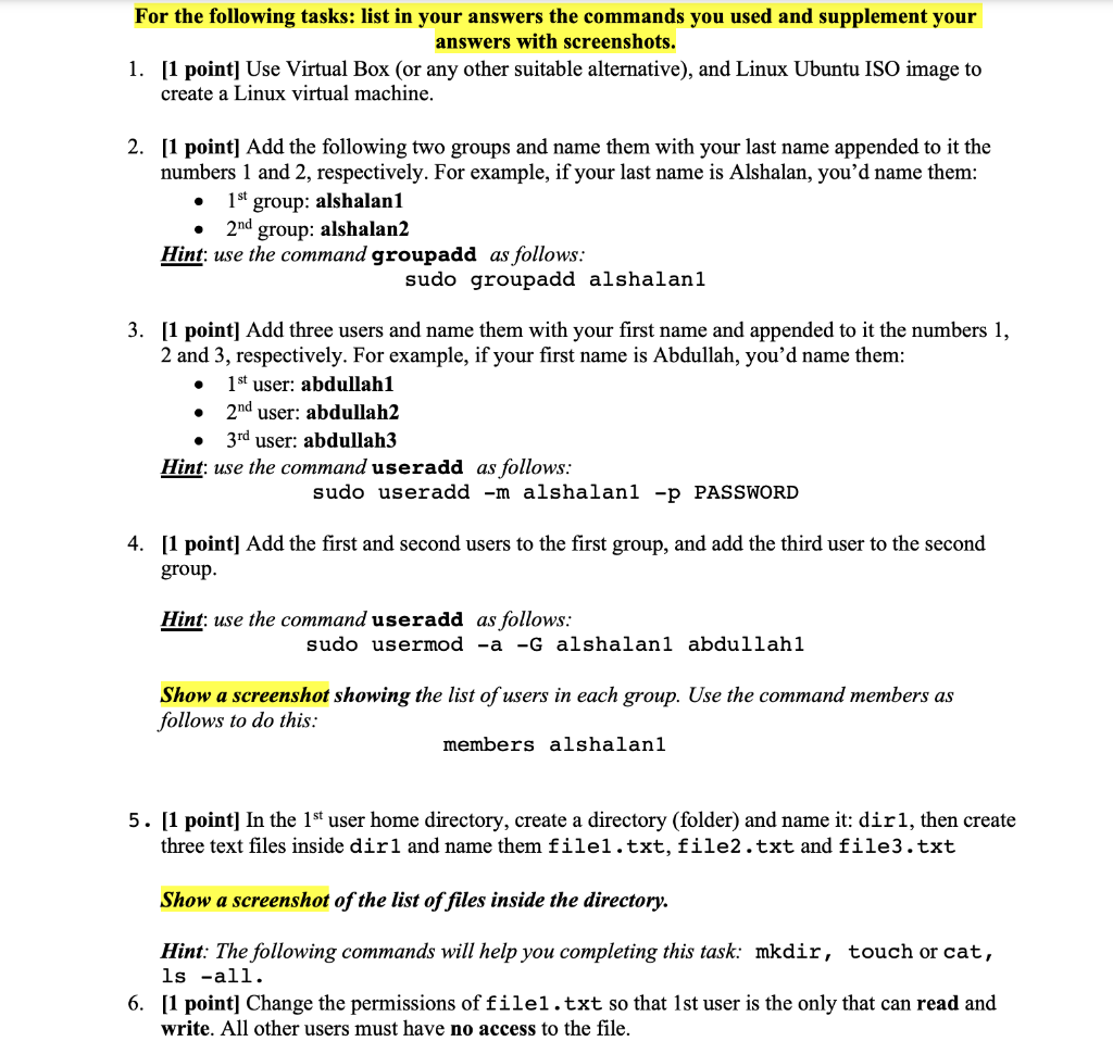 Solved For the following tasks: list in your answers the | Chegg.com