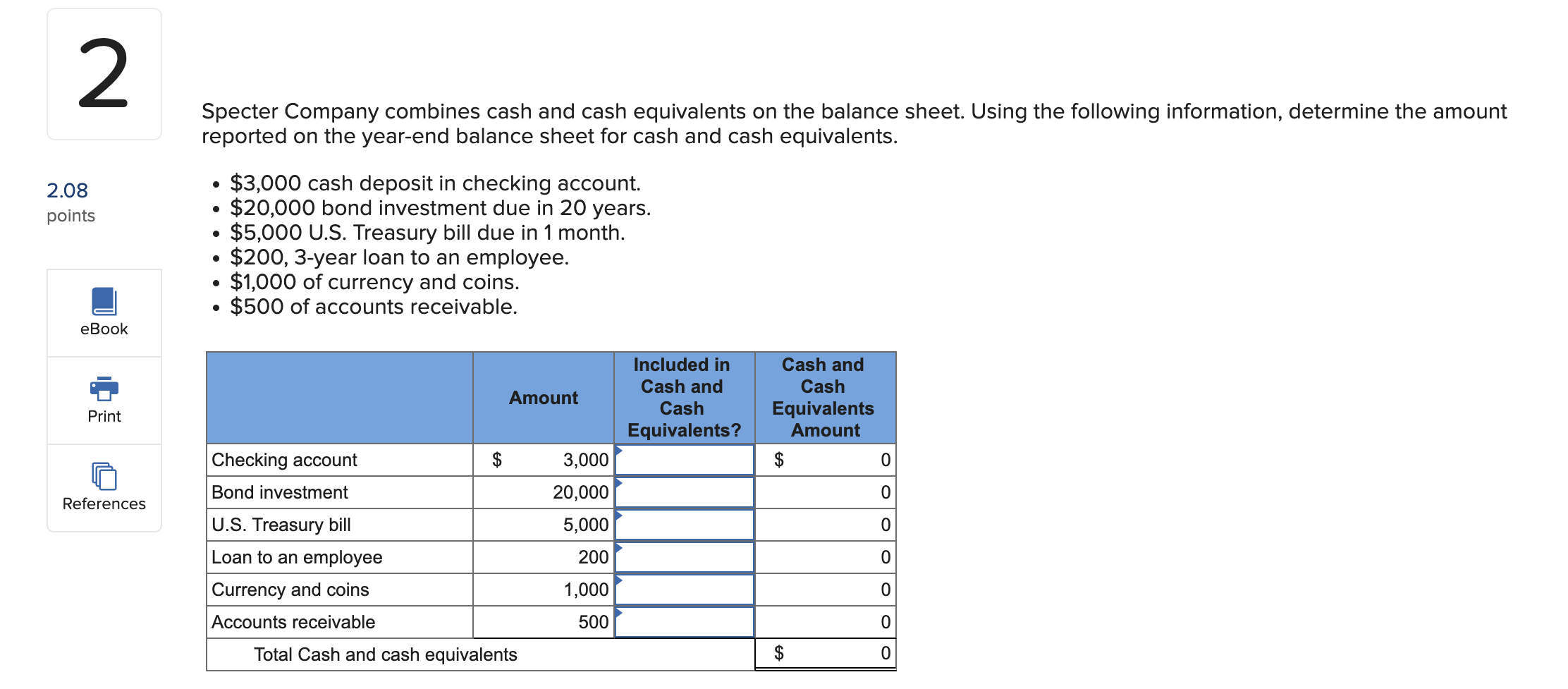 Solved Specter Company combines cash and cash equivalents on