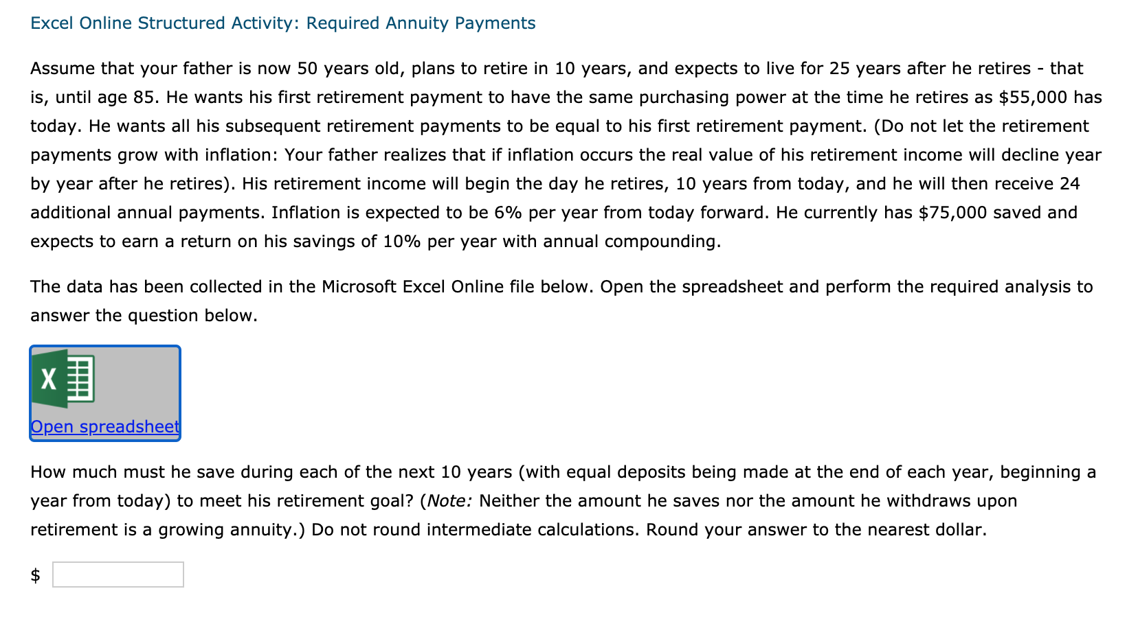 Solved Excel Online Structured Activity Required Annuity Chegg