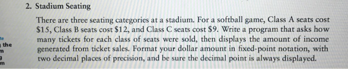 Solved 2 Stadium Seating There are three seating categories Chegg com
