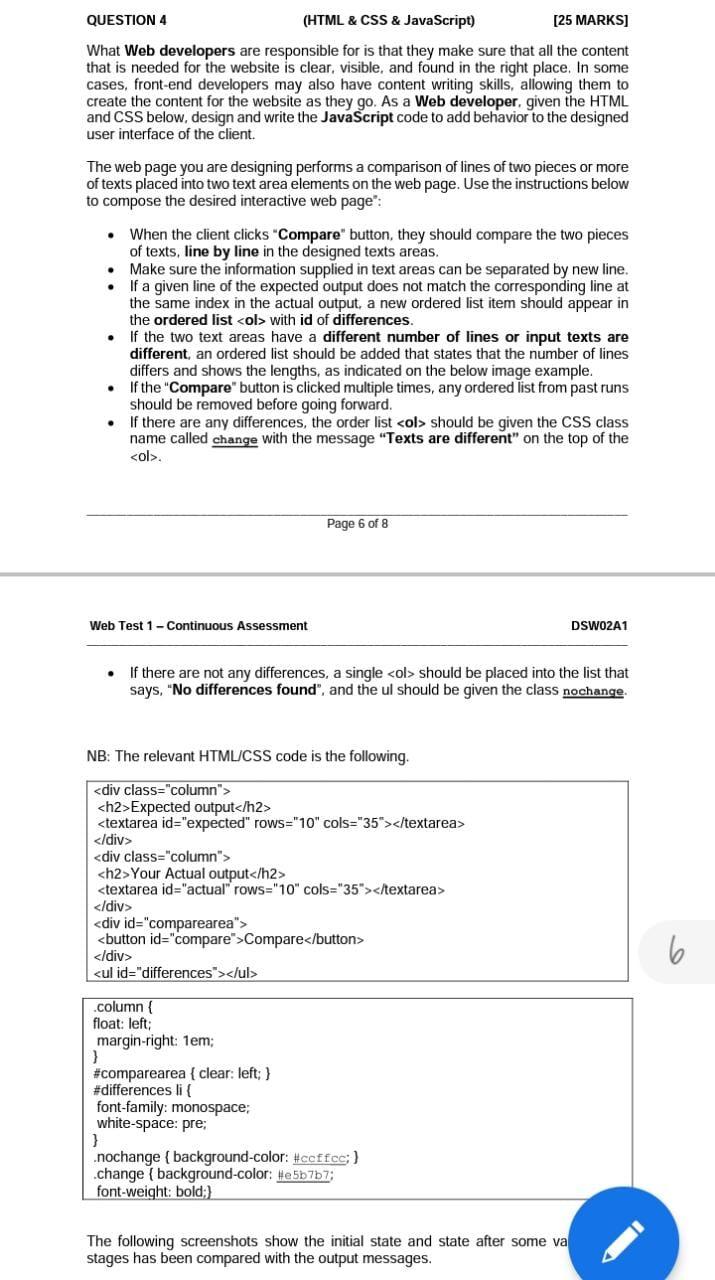 Solved QUESTION 4 (HTML & CSS & JavaScript) [25 MARKS] What | Chegg.com image.