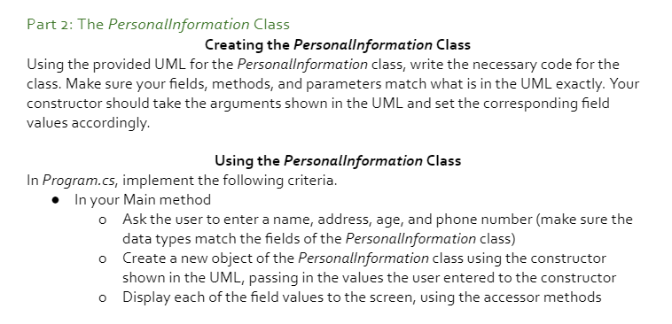Solved Part 2: The Personalinformation Class Creating the | Chegg.com