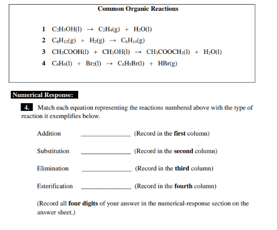 Solved Common Organic Reactions 1C2H5OH l C2H4 g H2O l