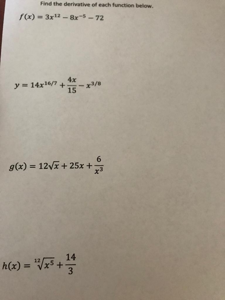 Solved Find the derivative of each function below. | Chegg.com