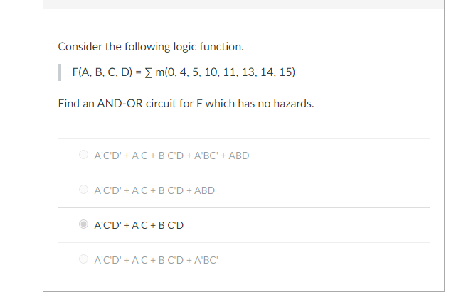 Solved Consider The Following Logic Function. F(A, B, C, D) | Chegg.com