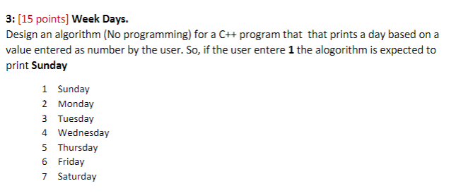 Solved 3: [15 points] Week Days. Design an algorithm (No | Chegg.com