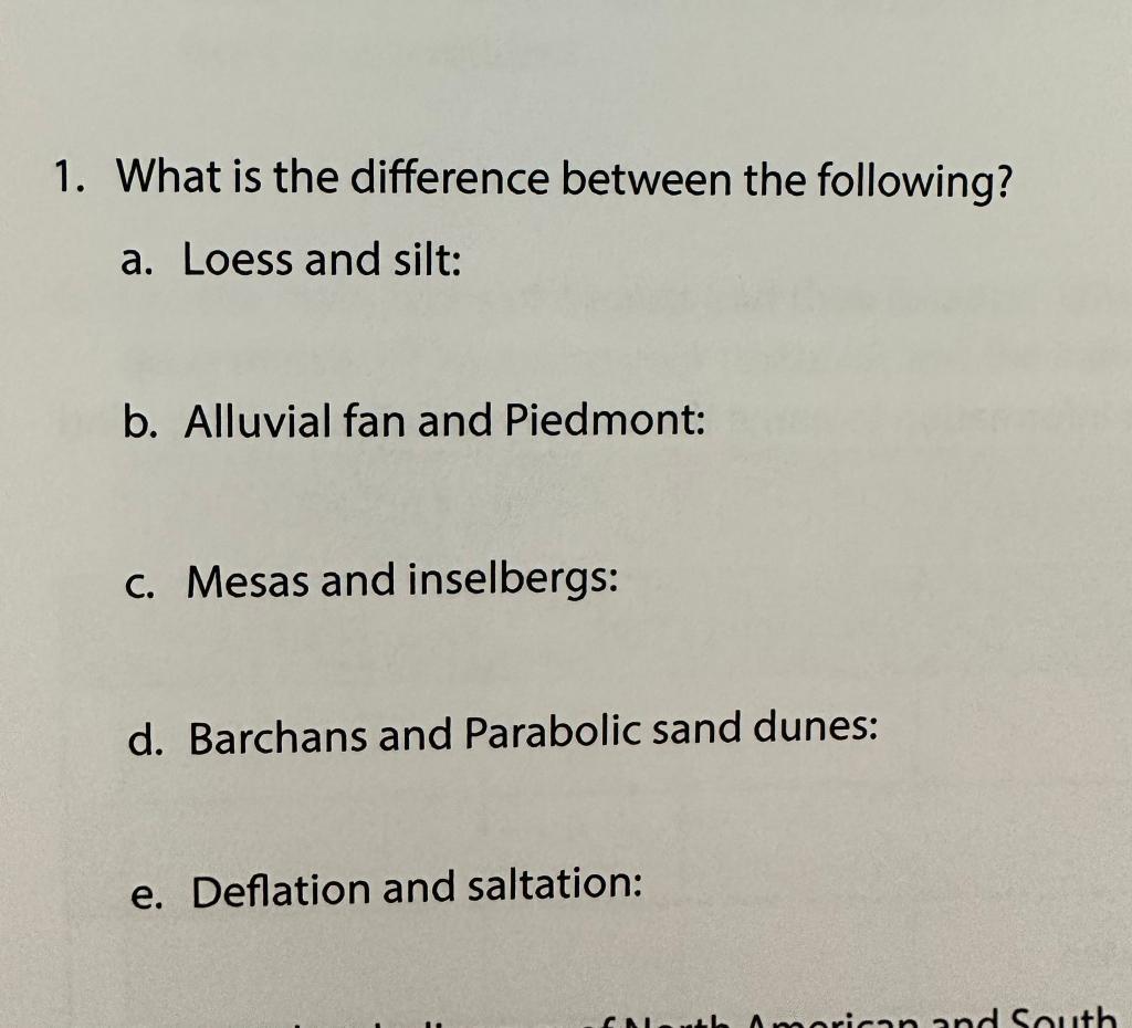 1. What is the difference between the following?
a. Loess and silt:
b. Alluvial fan and Piedmont:
c. Mesas and inselbergs:
d.