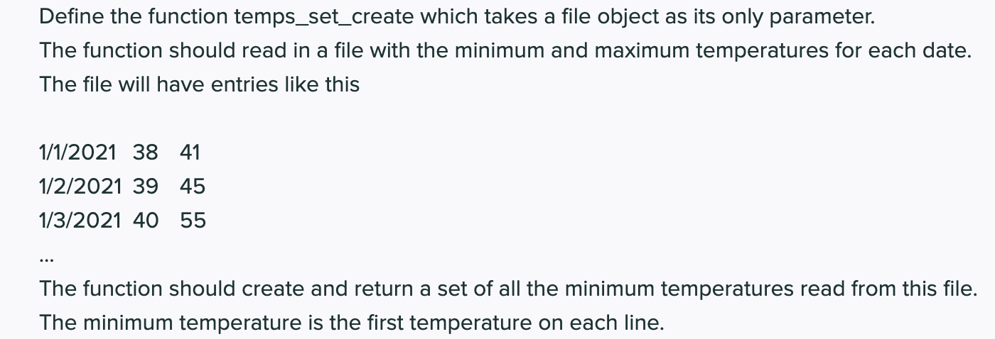 Solved Define the function temps_set_create which takes a | Chegg.com