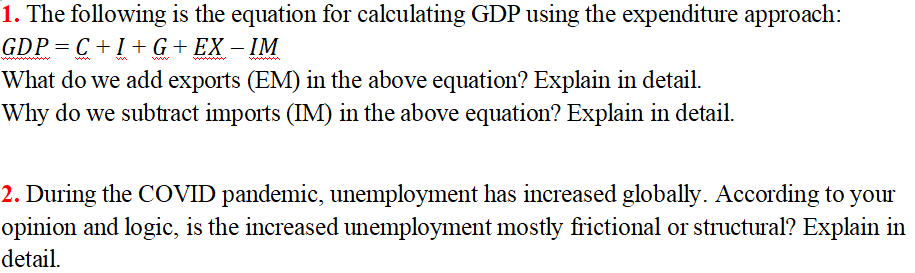 Solved 1. The following is the equation for calculating GDP | Chegg.com