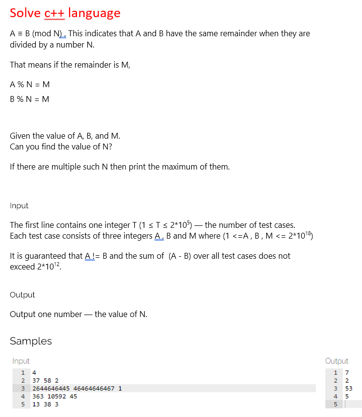 Solved Solve c++ language A = B (mod N). This indicates that | Chegg.com