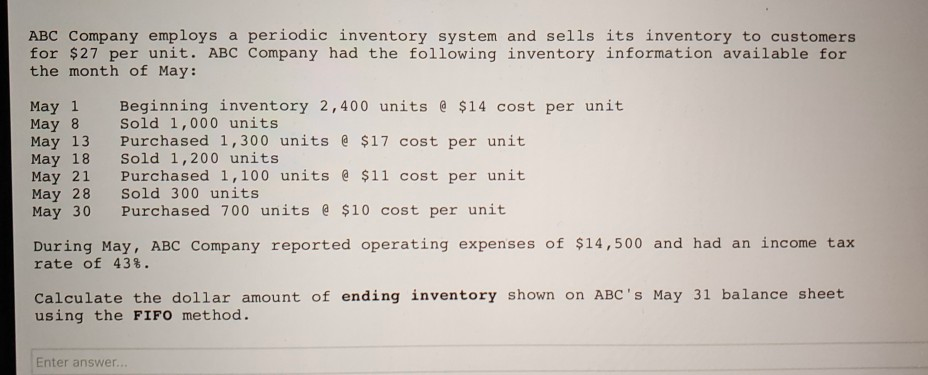 Solved ABC Company Employs A Periodic Inventory System And | Chegg.com