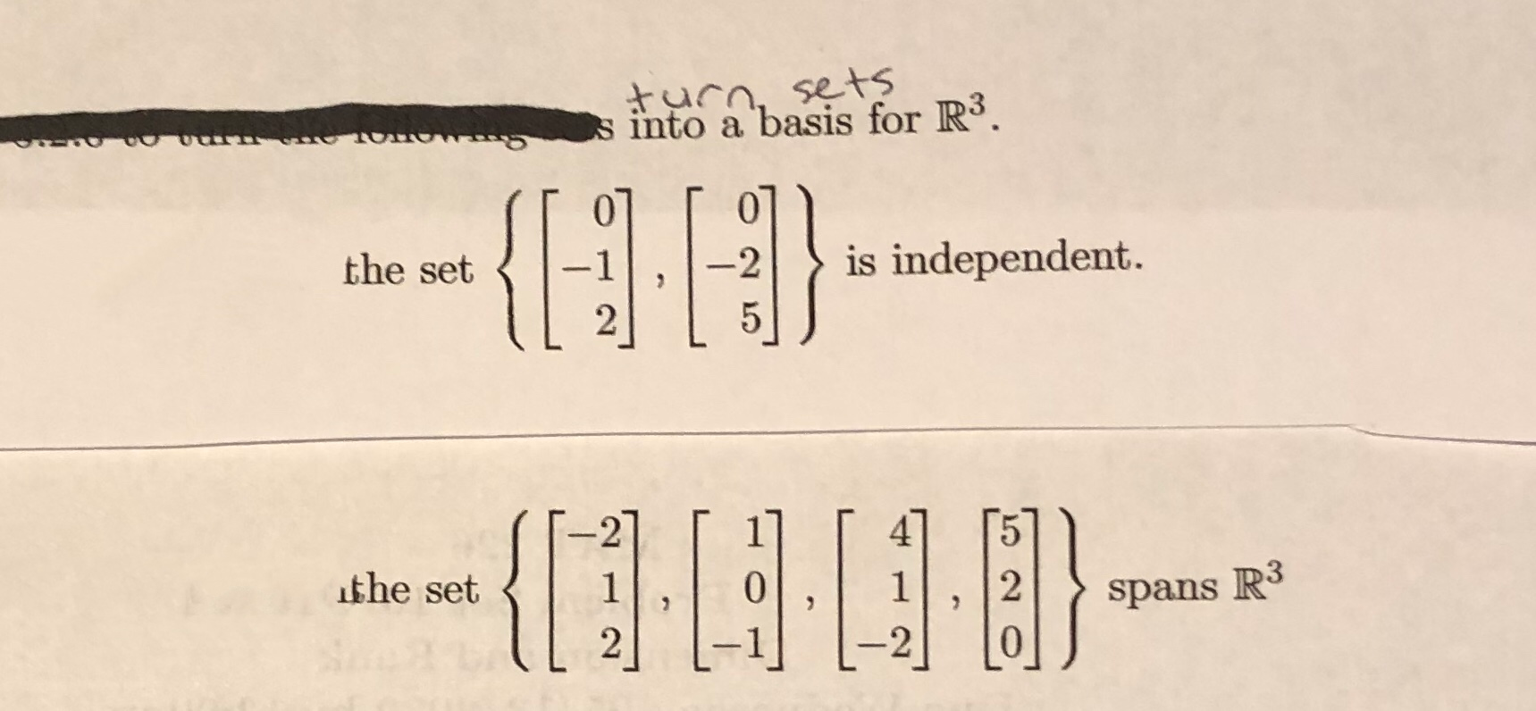 Solved turn sets into a basis for R3 T 01 -21 } is | Chegg.com