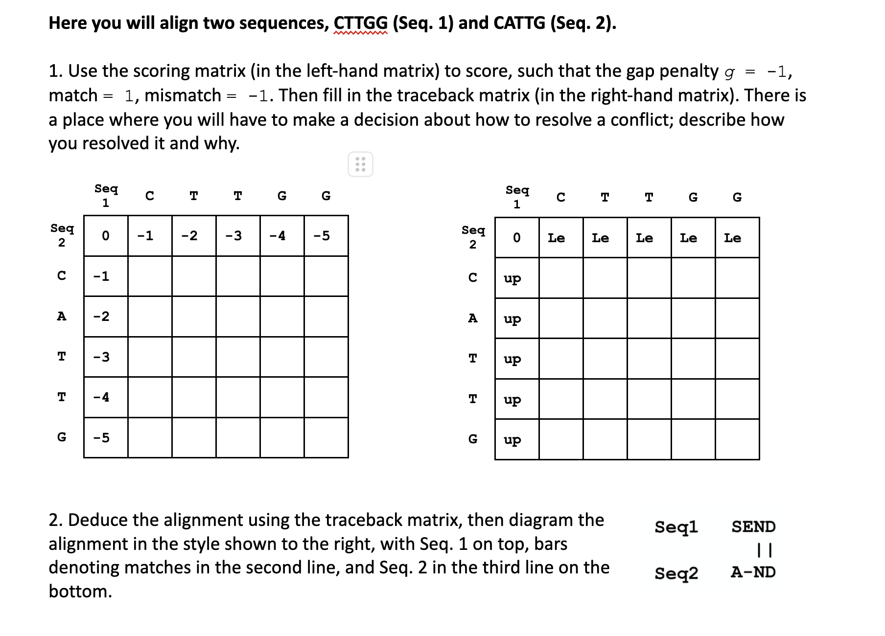 Solved Here You Will Align Two Sequences, Cttgg (seq. 1) And 