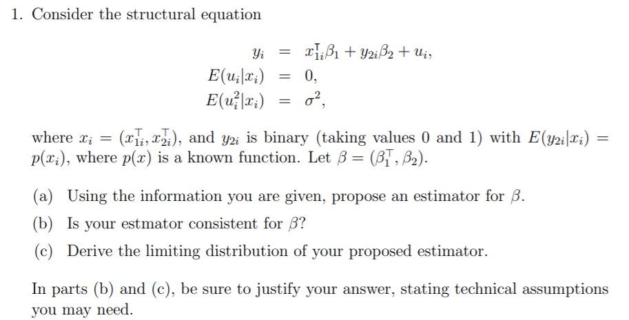 1 Consider The Structural Equation Yi 21 Ssi Y2i Chegg Com