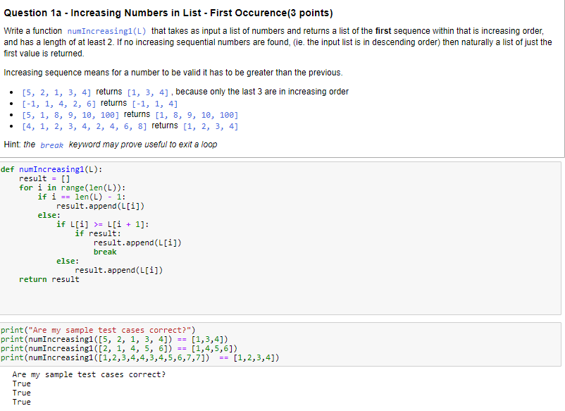 Solved Question 1a Increasing Numbers In List First O Chegg Com