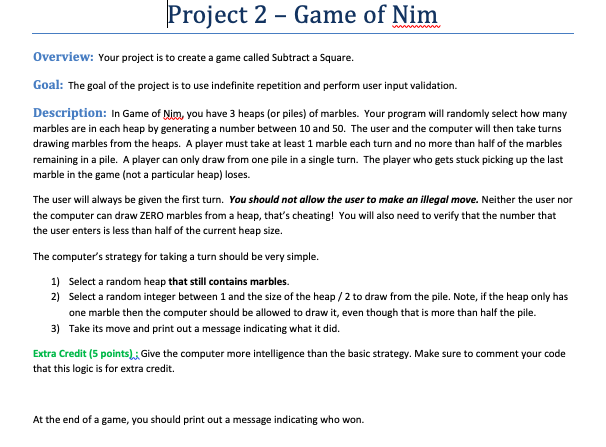 Solved Project 2 Game Of Nim Overview Your Project Is Chegg Com