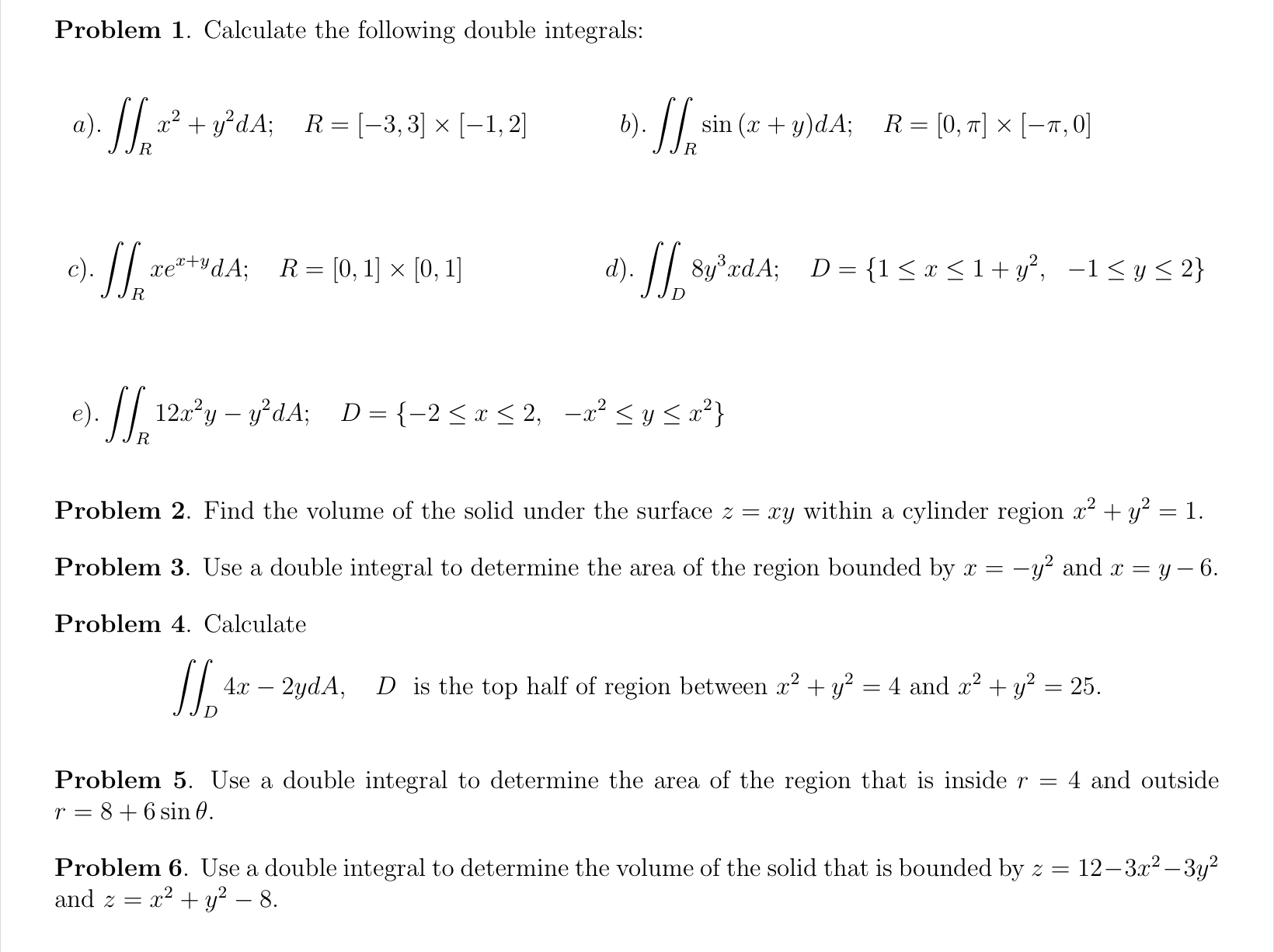 Problem 1 Calculate The Following Double Integrals 0036